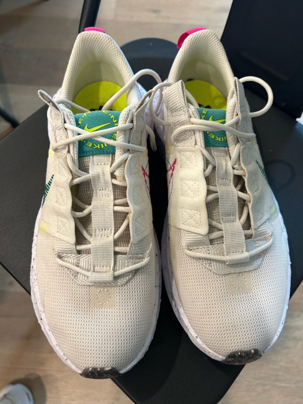 Nike Women's Sneakers in Off-White with Green, Neon Yellow, and Pink Accents